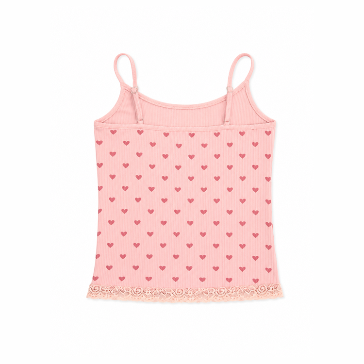 Back view flat lay of the ribbed Blush Crush Heart Lace Cami