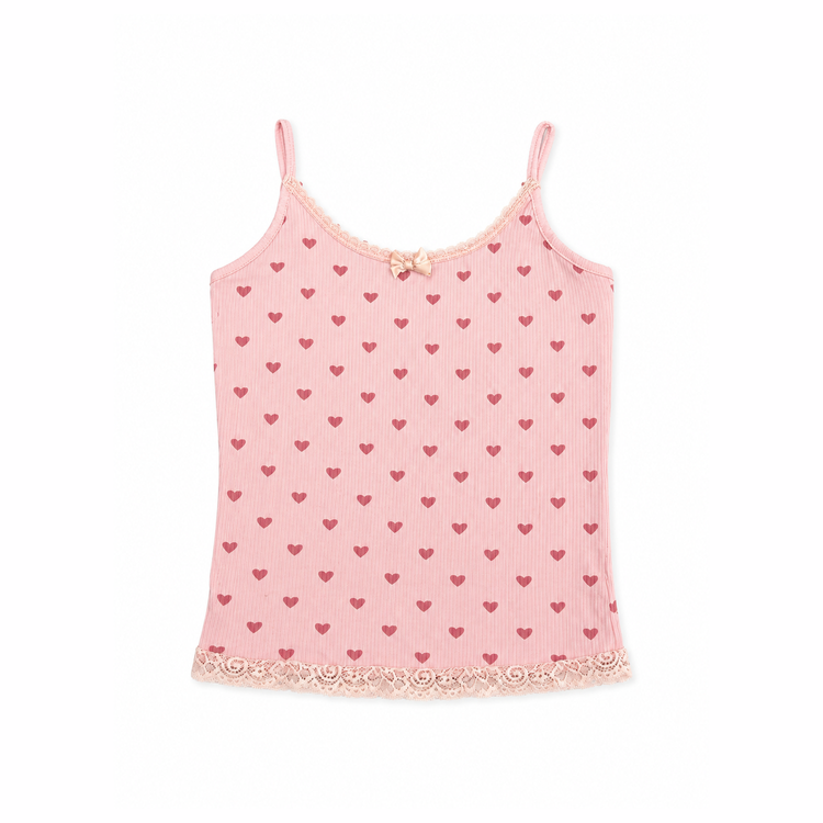 Front view flat lay of the ribbed Blush Crush Heart Lace Cami