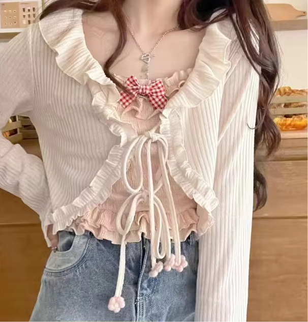 Gingham Bow Ruffle Cami Top and Cardigan Set