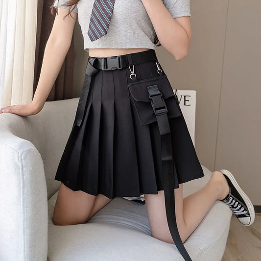 Gothic Streetwear Pleated Skort with Belt – Local Stock