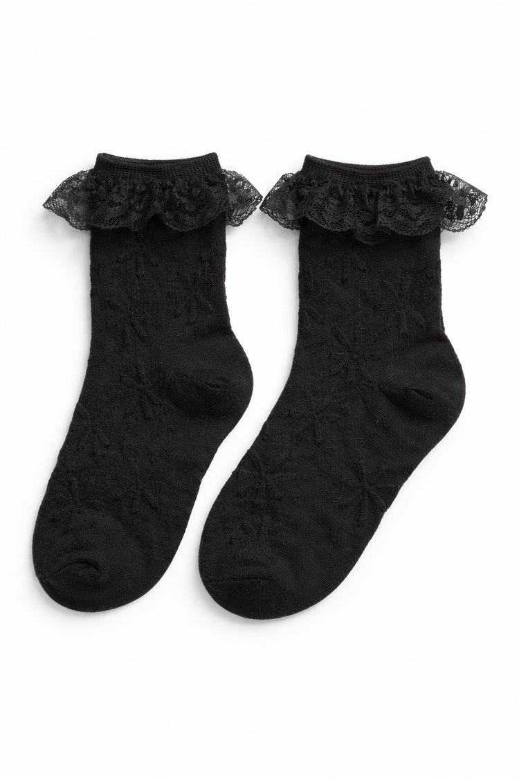 The Innocent Mischief Lace Socks in black with lace ruffle.