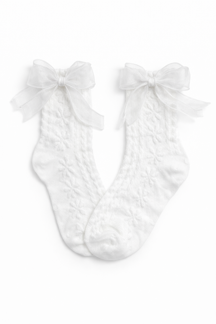The Innocent Mischief Lace Socks in white with tulle bow.