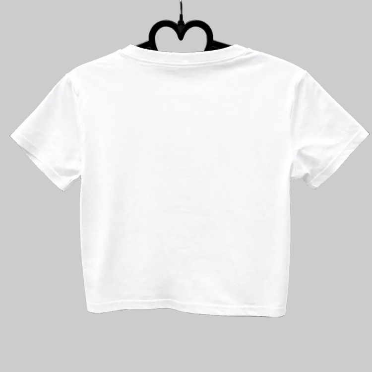 The back of the Meowtal Mayhem Top in white on a heart hanger