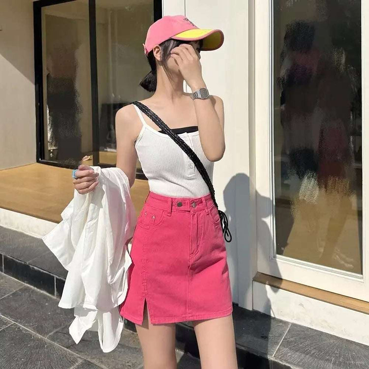 Double Button Denim Mini Skirt