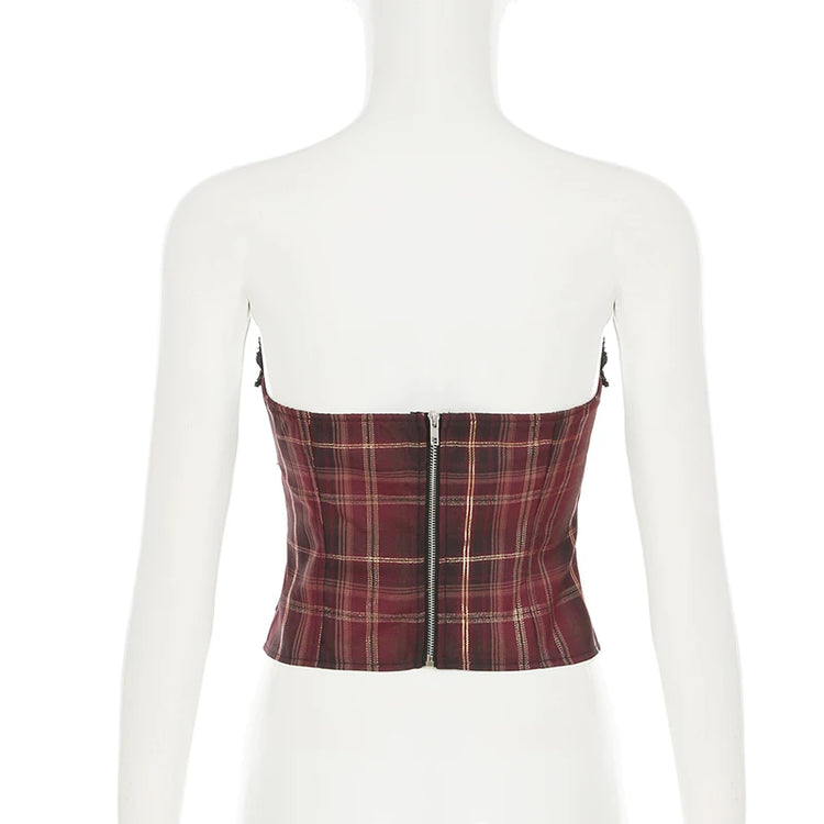 Dark Allure Strapless Lace-Up Plaid Corset