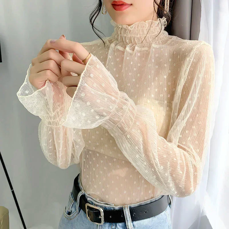 Dotted Whispers High-Neck Lace Blouse – Local Stock