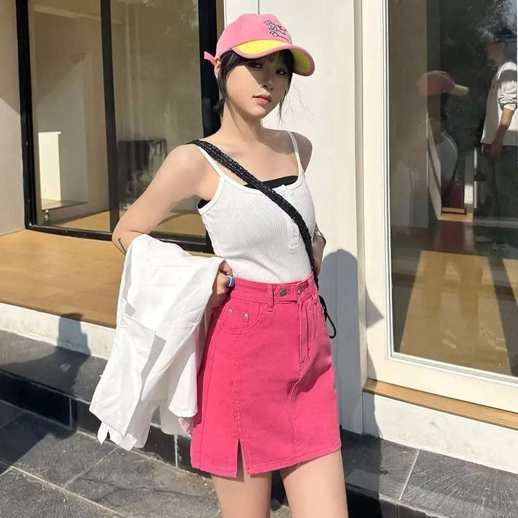 Double Button Denim Mini Skirt