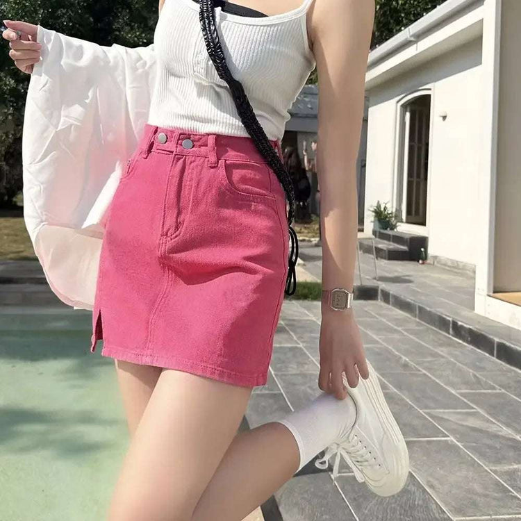 Double Button Denim Mini Skirt