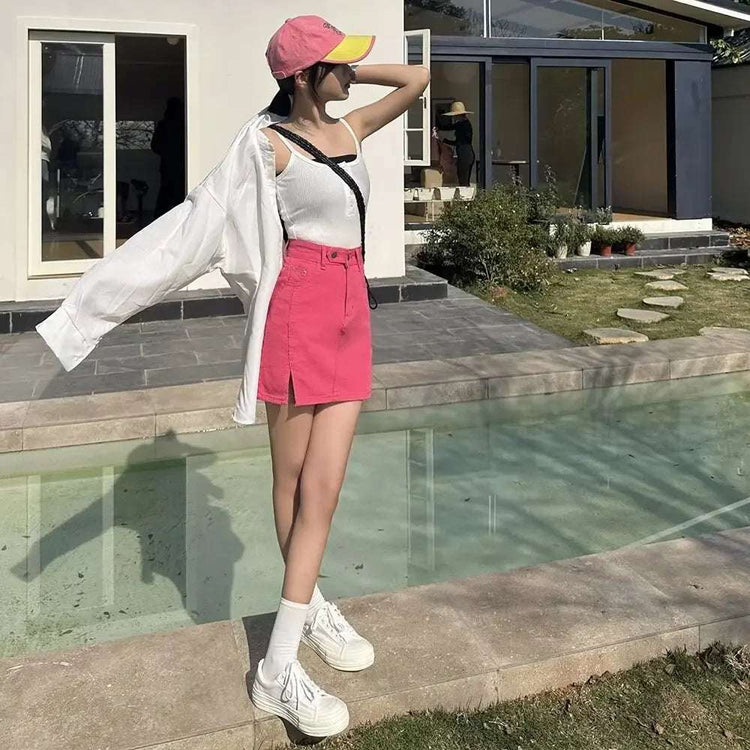 Double Button Denim Mini Skirt