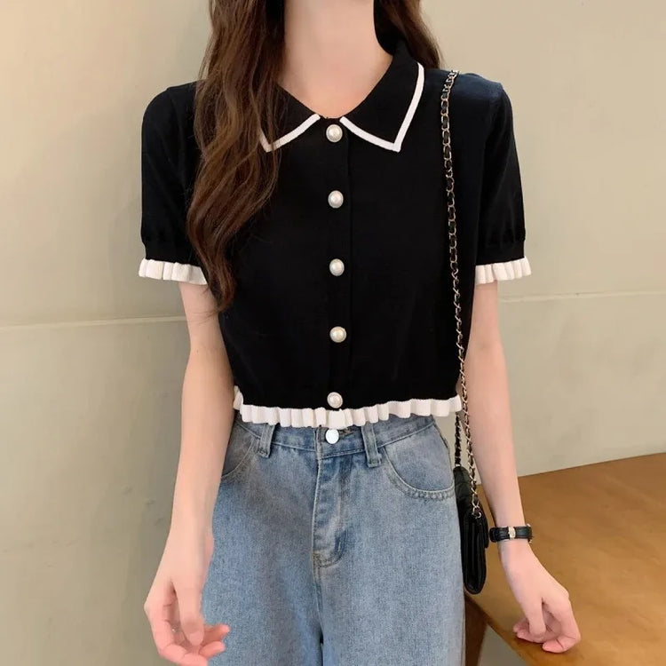 Pearl Pop Collar Knit Top