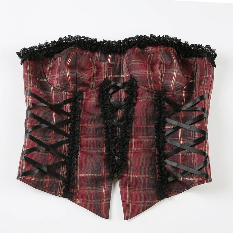 Dark Allure Strapless Lace-Up Plaid Corset
