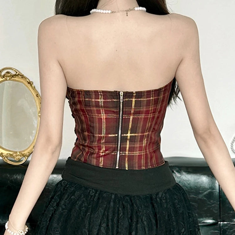 Dark Allure Strapless Lace-Up Plaid Corset