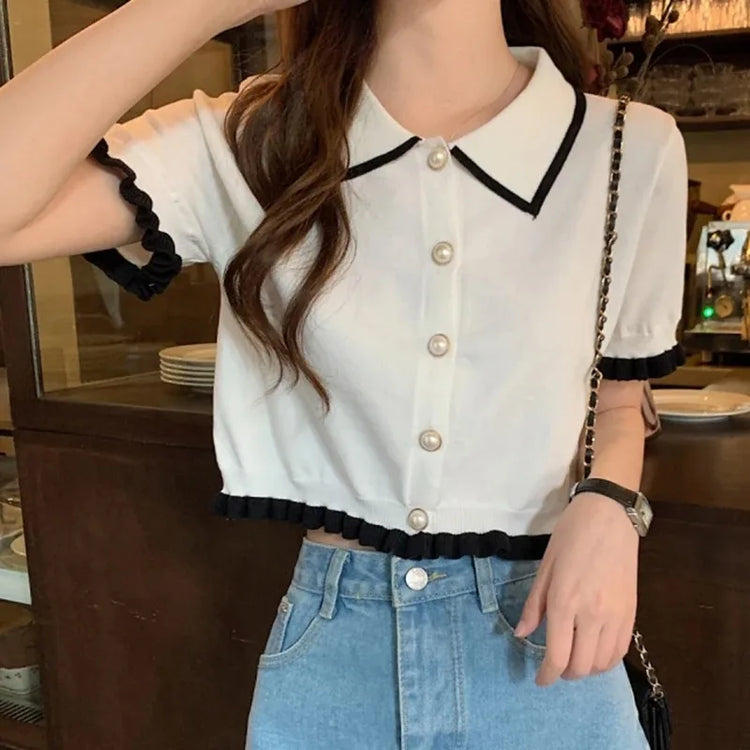 Pearl Pop Collar Knit Top