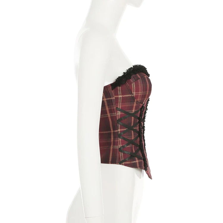 Dark Allure Strapless Lace-Up Plaid Corset
