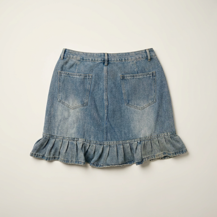 Back flat lay of the Two Moody Originals: Ruffle Flare Jean Skirt in 4XL with ruffle hem.