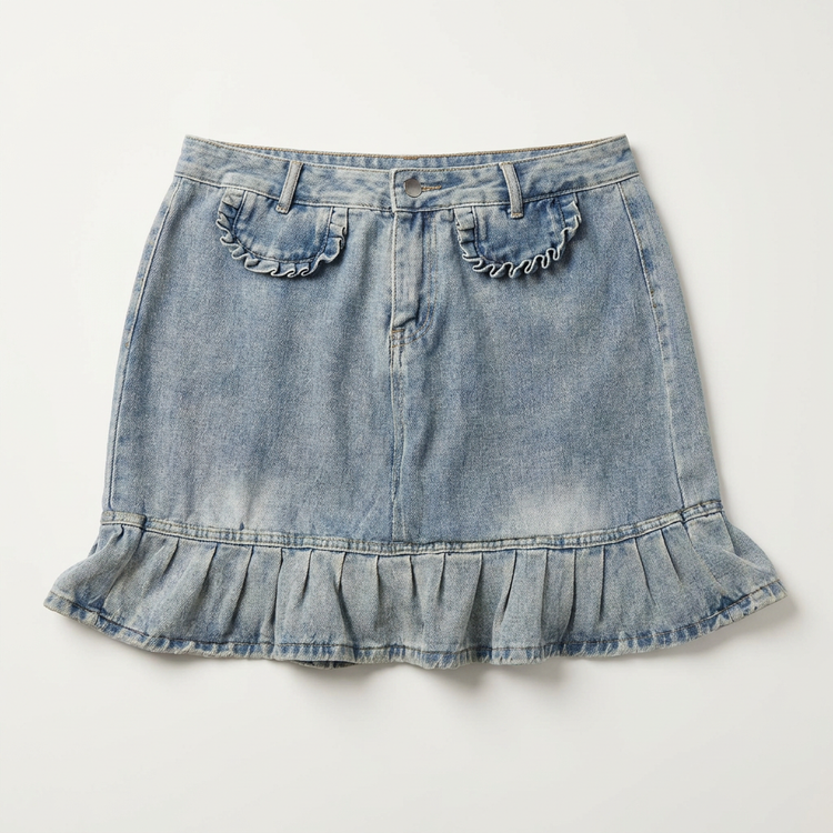 Front flat lay of the Two Moody Originals: Ruffle Flare Jean Skirt in 4XL with ruffle hem and ruffle faux pockets.