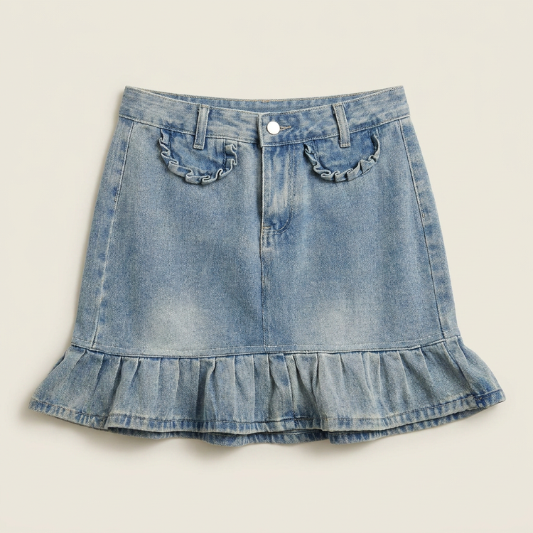 Front flat lay of the Two Moody Originals: Ruffle Flare Jean Skirt in XL with ruffle hem and ruffle faux pockets.
