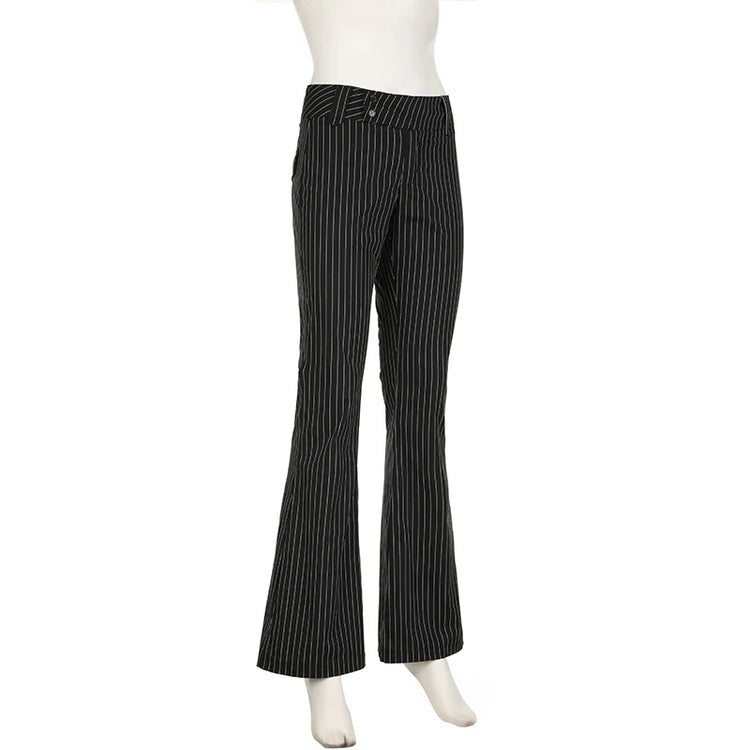 Angled front view of Y2K Business Chic Trousers on mannequin highlighting the structured flare and stripe pattern.
