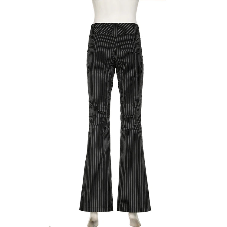 Back view of Y2K Business Chic Trousers laid flat on mannequin, showcasing tailored cut and pinstripe detail.