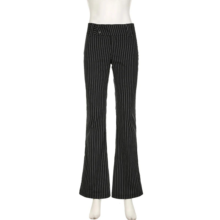 Frontal mannequin view of Y2K Business Chic Trousers featuring low-rise fit and clean pinstripes.