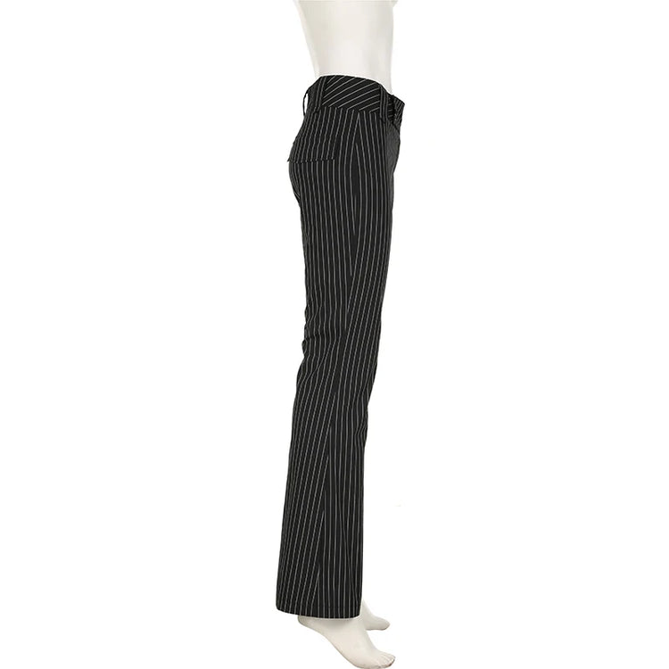Side profile of Y2K Business Chic Trousers on mannequin, showing diagonal waistband stripes and bootcut flare.