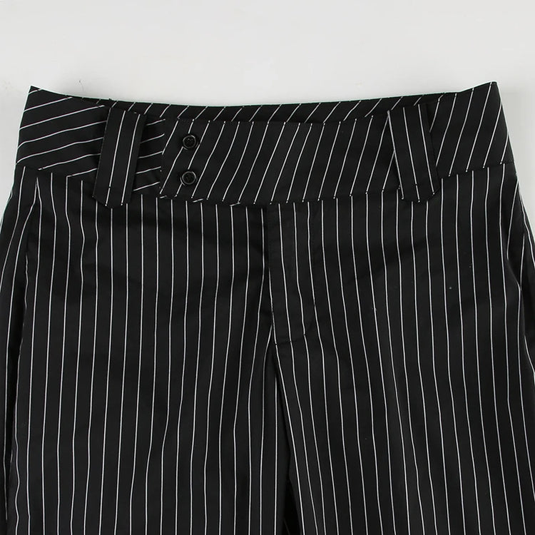 Close-up of waistband on Y2K Business Chic Trousers featuring diagonal stripe pattern and double-button closure.