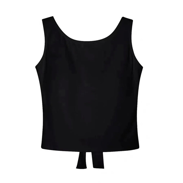 Front view of the Backstage Bow Backless Tank in black.