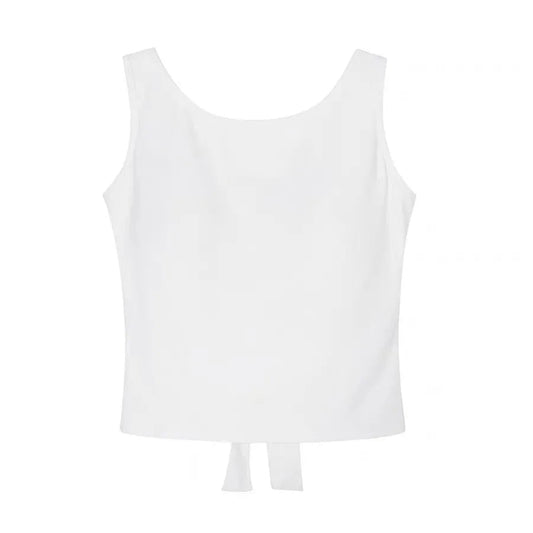 Front view of the Backstage Bow Backless Tank in white.