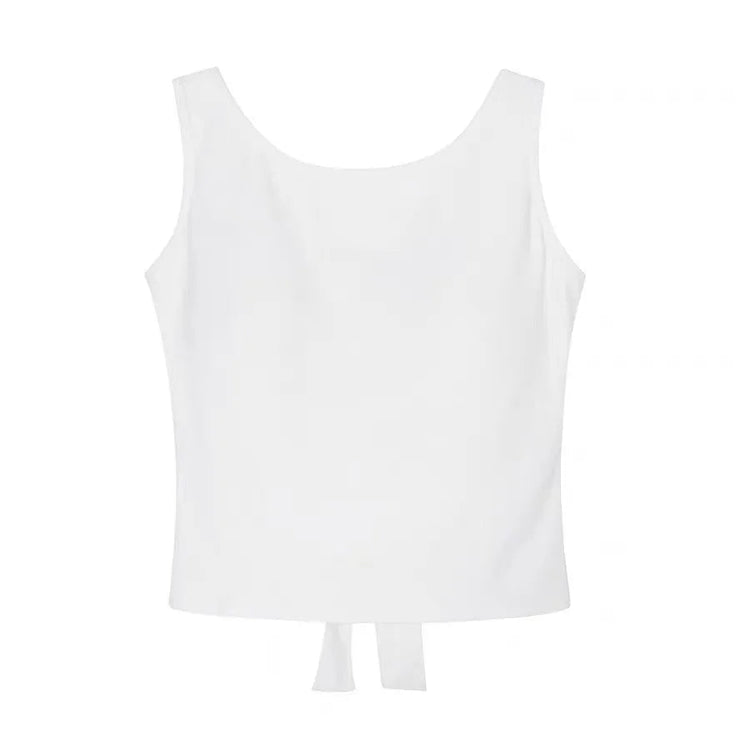 Front view of the Backstage Bow Backless Tank in white.
