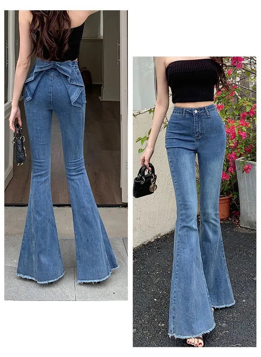 Model wearing the Dark Blue Backstage Bow Flare Jeans, back and front view.
