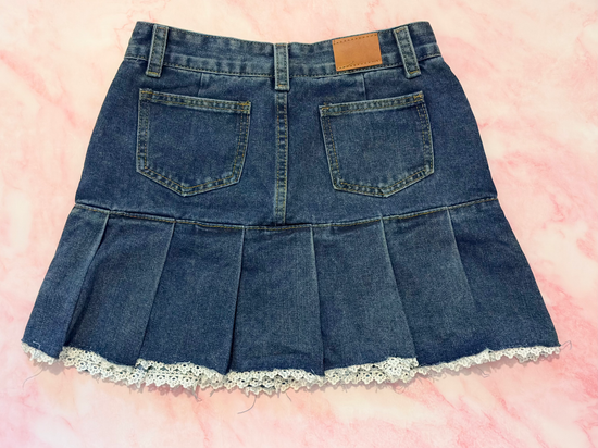 Denim Daydream Pleated Lace Skort back view showing full pleats and lace trim