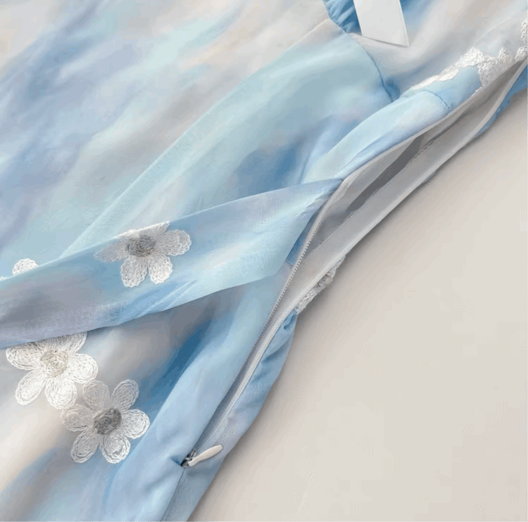 Close-up of the side zipper detail on the mini Ethereal Flower Princess Dress.