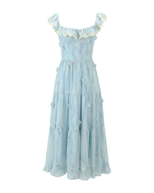 Flat lay of the Ethereal Flower Princess Heavenly Bloom Midi Dress in light blue.