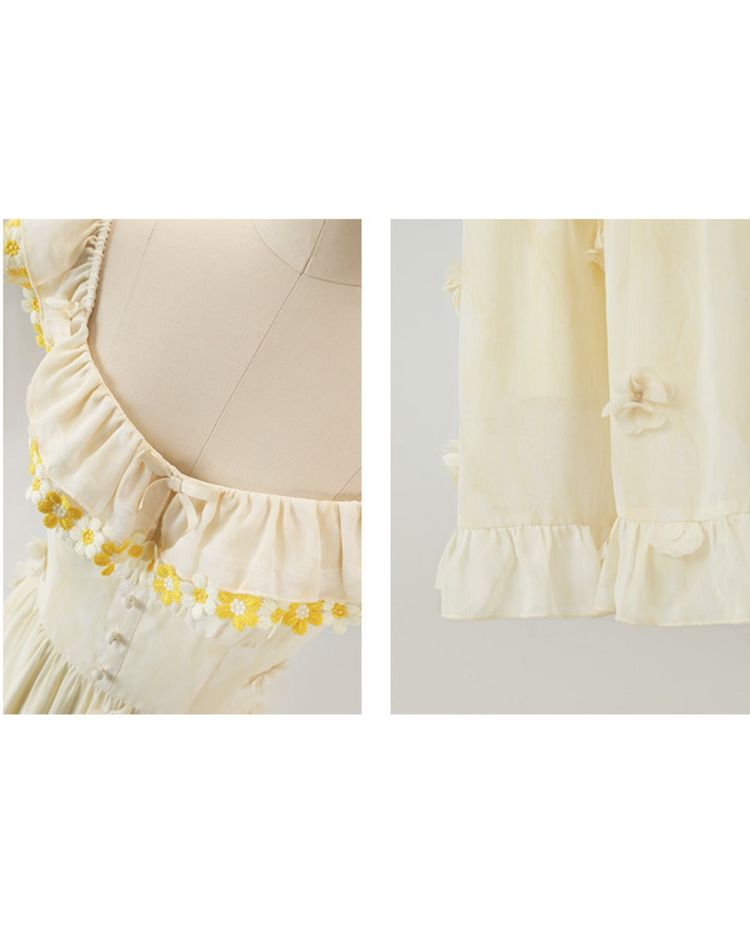 Close-up of details on the Ethereal Flower Princess Heavenly Bloom Midi Dress in light yellow, like the daisy embroidered neckline and ruffled hemline.