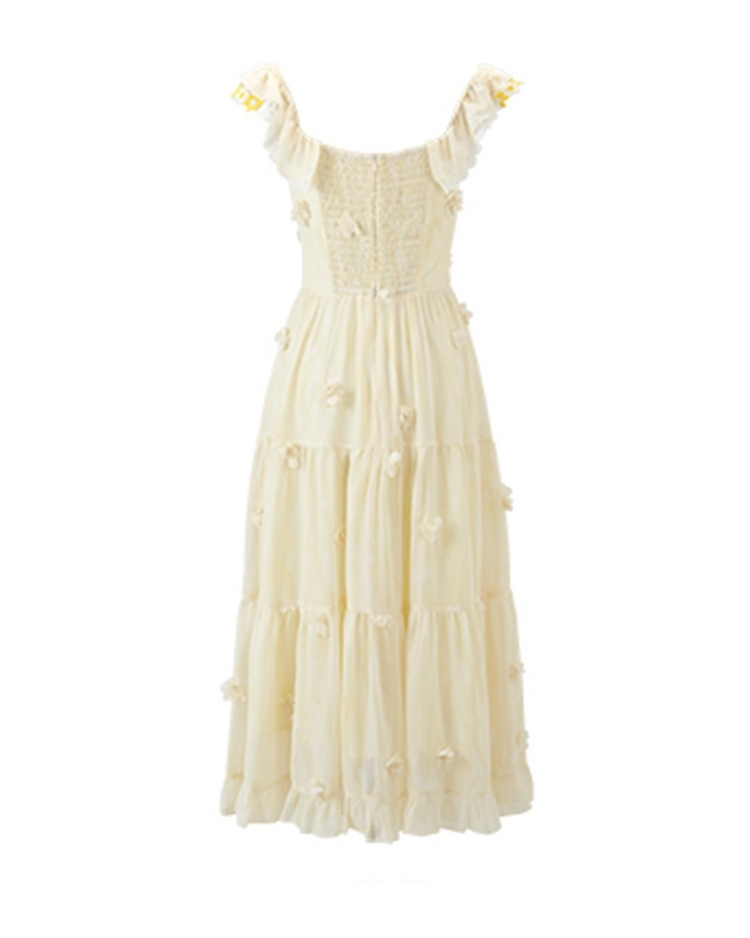 Flat lay of the back of the Ethereal Flower Princess Heavenly Bloom Midi Dress in light yellow.