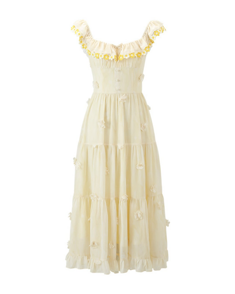 Flat lay of the Ethereal Flower Princess Heavenly Bloom Midi Dress in light yellow.
