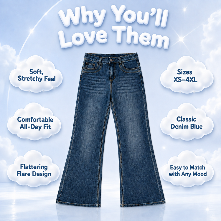 Blue flare jeans surrounded by clouds listing their fit, stretch, sizing, and styling features.
