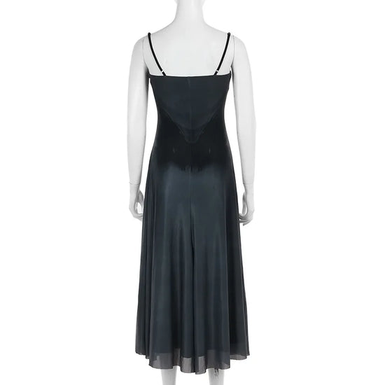 Full back view of the Midnight Butterfly Maxi Dress on a mannequin, highlighting adjustable straps and clean hemline.