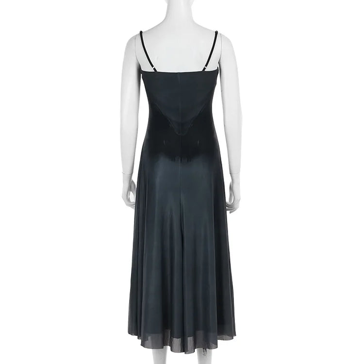 Full back view of the Midnight Butterfly Maxi Dress on a mannequin, highlighting adjustable straps and clean hemline.