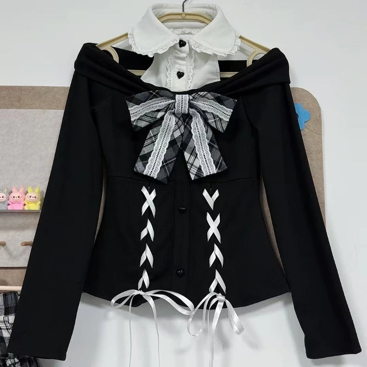 The sweater of the Midnight Manor Skort Set on a hanger, showcasing the faux two-piece design, halter off-the-shoulder look, corset-inspired lace-up front, black heart-shaped buttons, and statement bow.