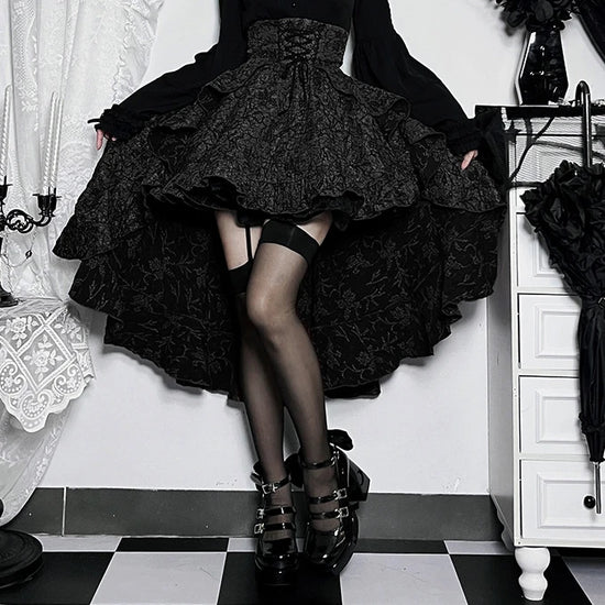 Front view of model wearing the black Midnight Masquerade High-Low Skirt