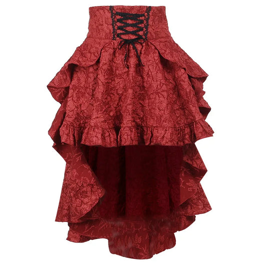 Front flat lay of red version of Midnight Masquerade High-Low Skirt with baroque floral pattern and high-low cut