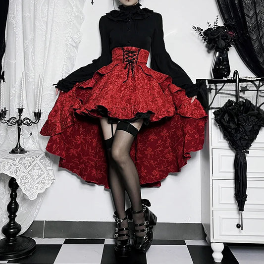 Front view of model wearing the red Midnight Masquerade High-Low Skirt