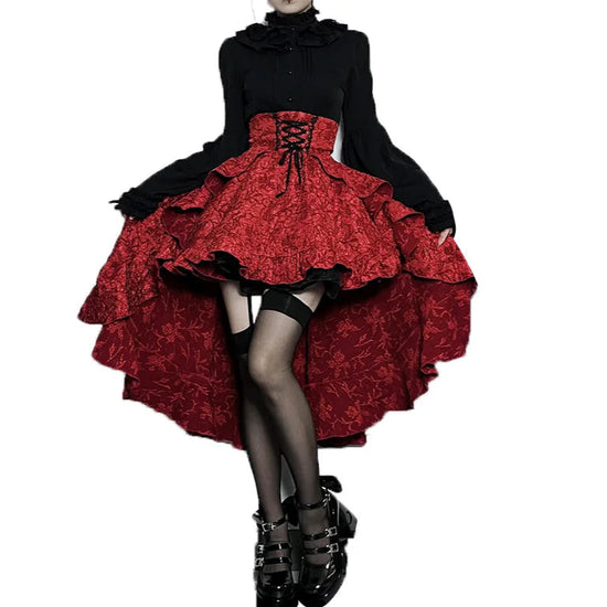 Cutout of front view of model wearing the red Midnight Masquerade High-Low Skirt