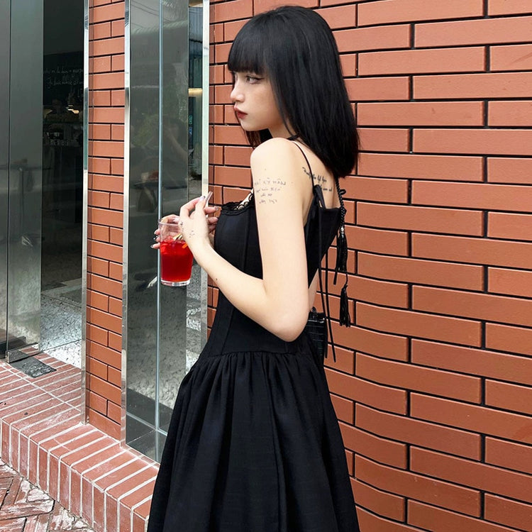Close-up of the side view of the Midnight Sonata Corset Dress.