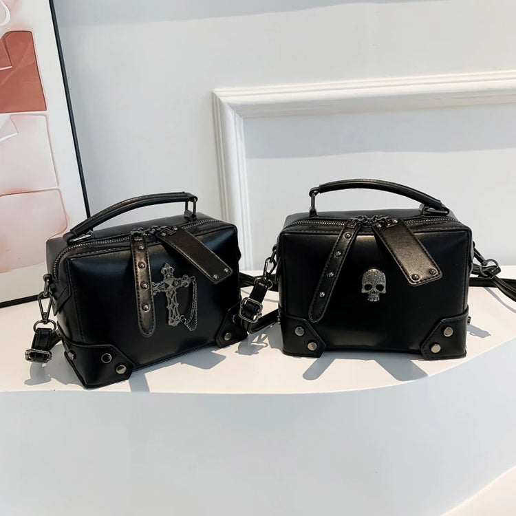Moonlit Mourning Crossbody shown with both the cross and skull design options.