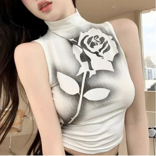 Negative Rose Turtleneck Tank in white with abstract rose print close-up view