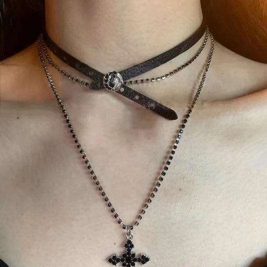 Closer detailed look of both Obsidian Grace necklaces layered together.