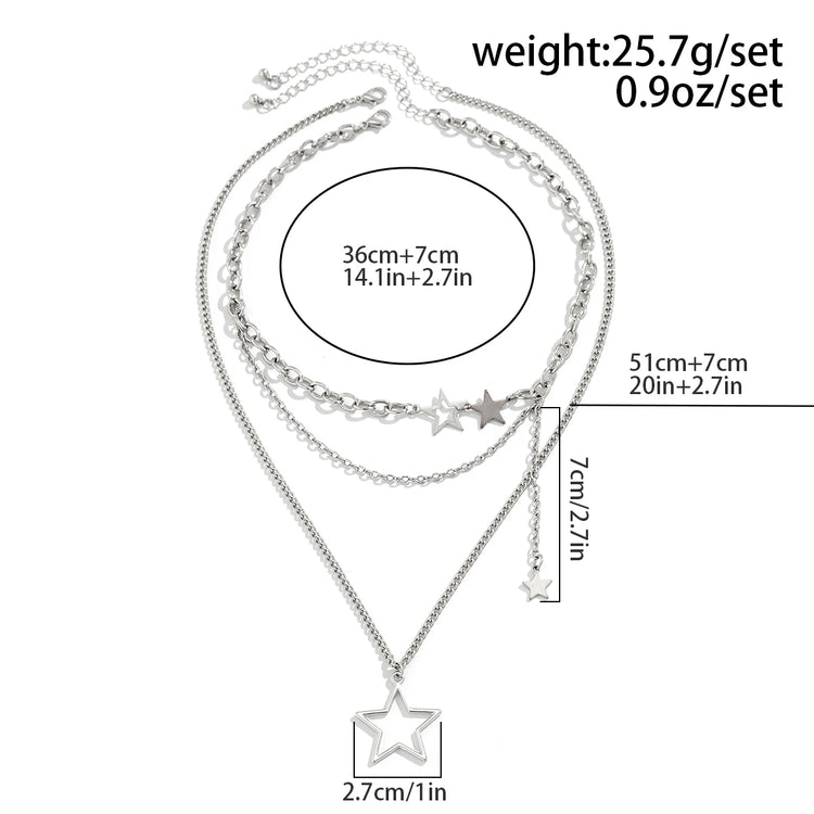Orbit Dreams Necklace measurements and weight display showing layered chain lengths and star pendant dimensions for the celestial silver necklace