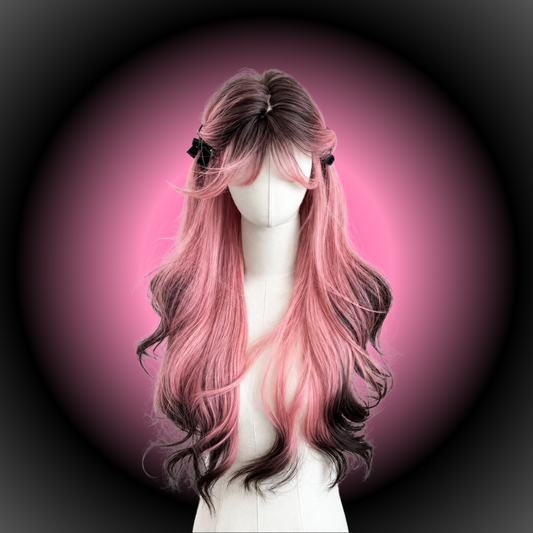 The Pink Eclipse Wig, featuring long, wavy pink and black hair with layered bangs and black bow accents, displayed against a glowing pink eclipse background.